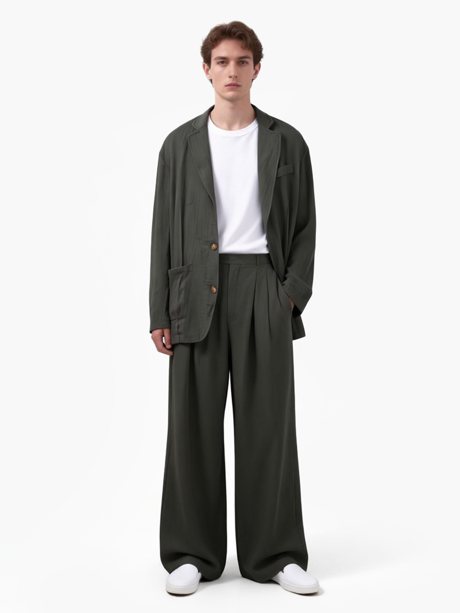 男士亚麻衬衫长裤休闲套装