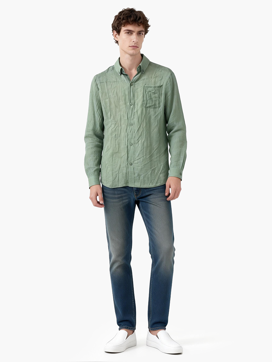 男士亚麻褶皱长袖衬衫