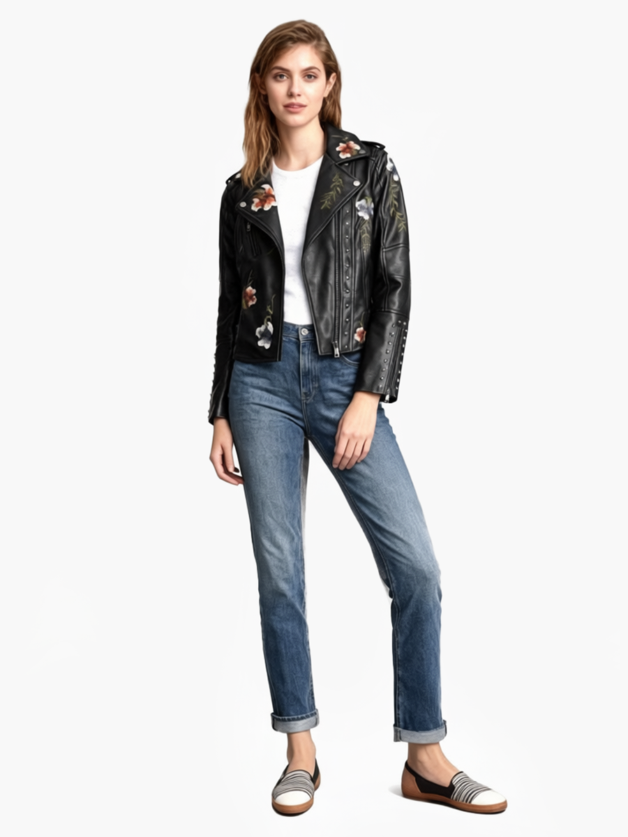 Lady's button-down embroidered leather jacket