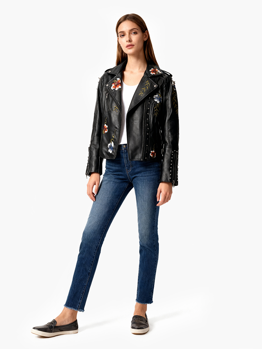 Lady's button-down embroidered leather jacket