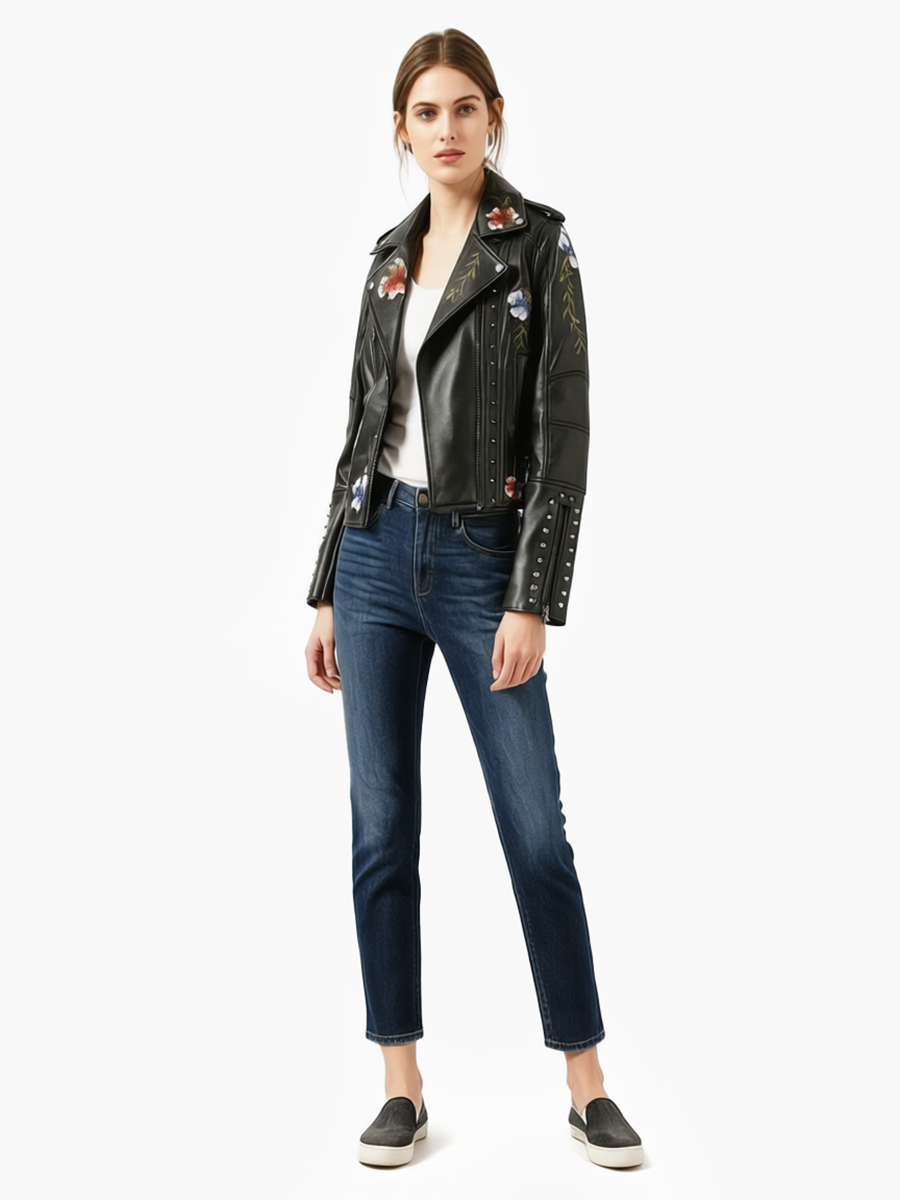 Lady's button-down embroidered leather jacket