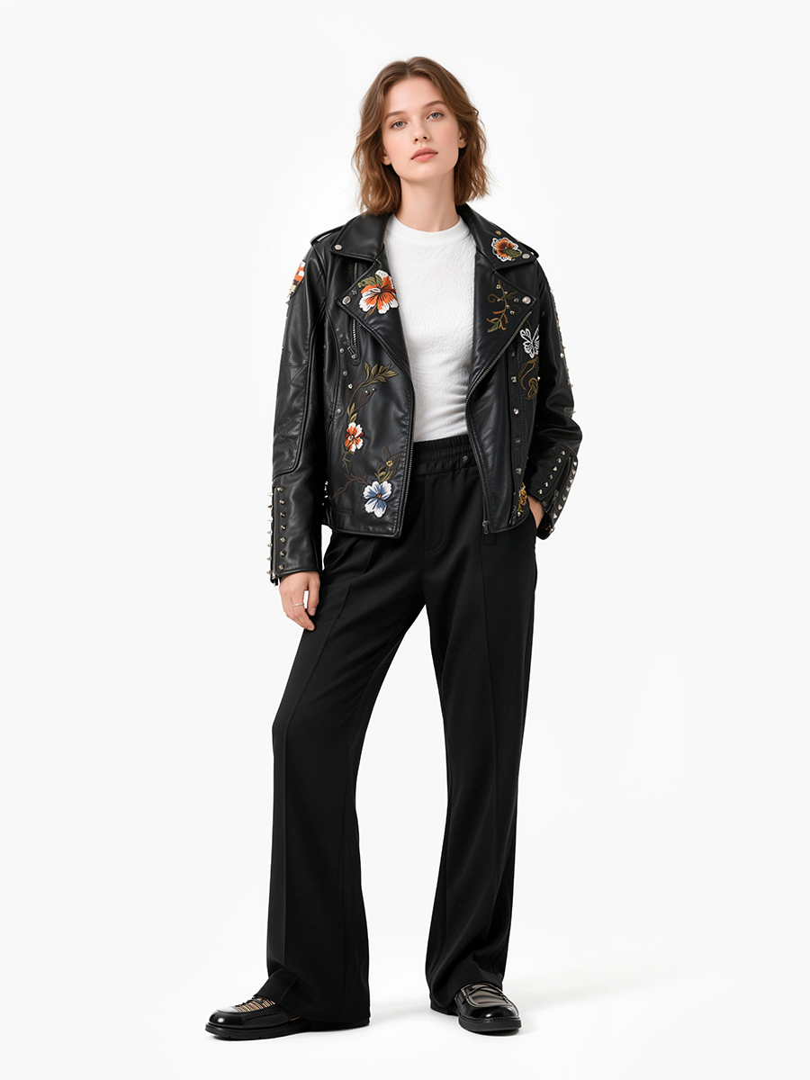 Lady's button-down embroidered leather jacket