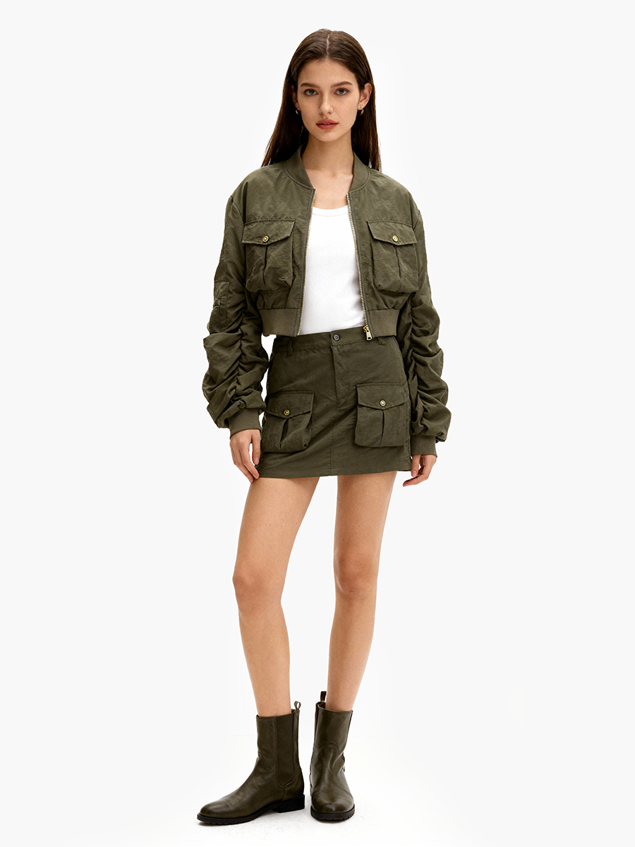 Lady's multi-pocket jacket and short skirt set