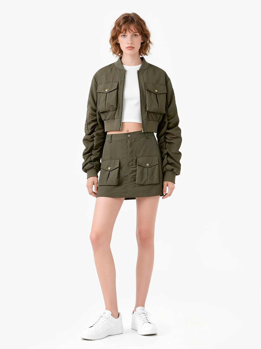 Lady's multi-pocket jacket and short skirt set