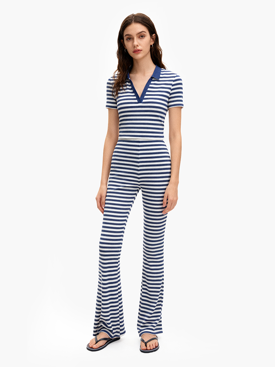 Lady V-neck striped home set