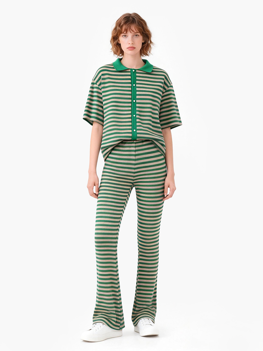 女式翻领短袖条纹家居服套装
