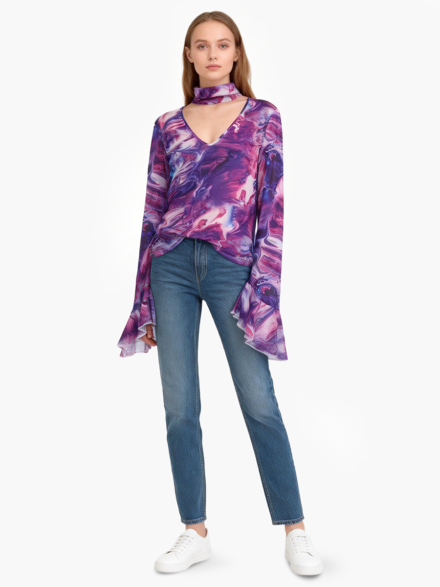 Lady's floral print long-sleeved V-neck blouse Shirt